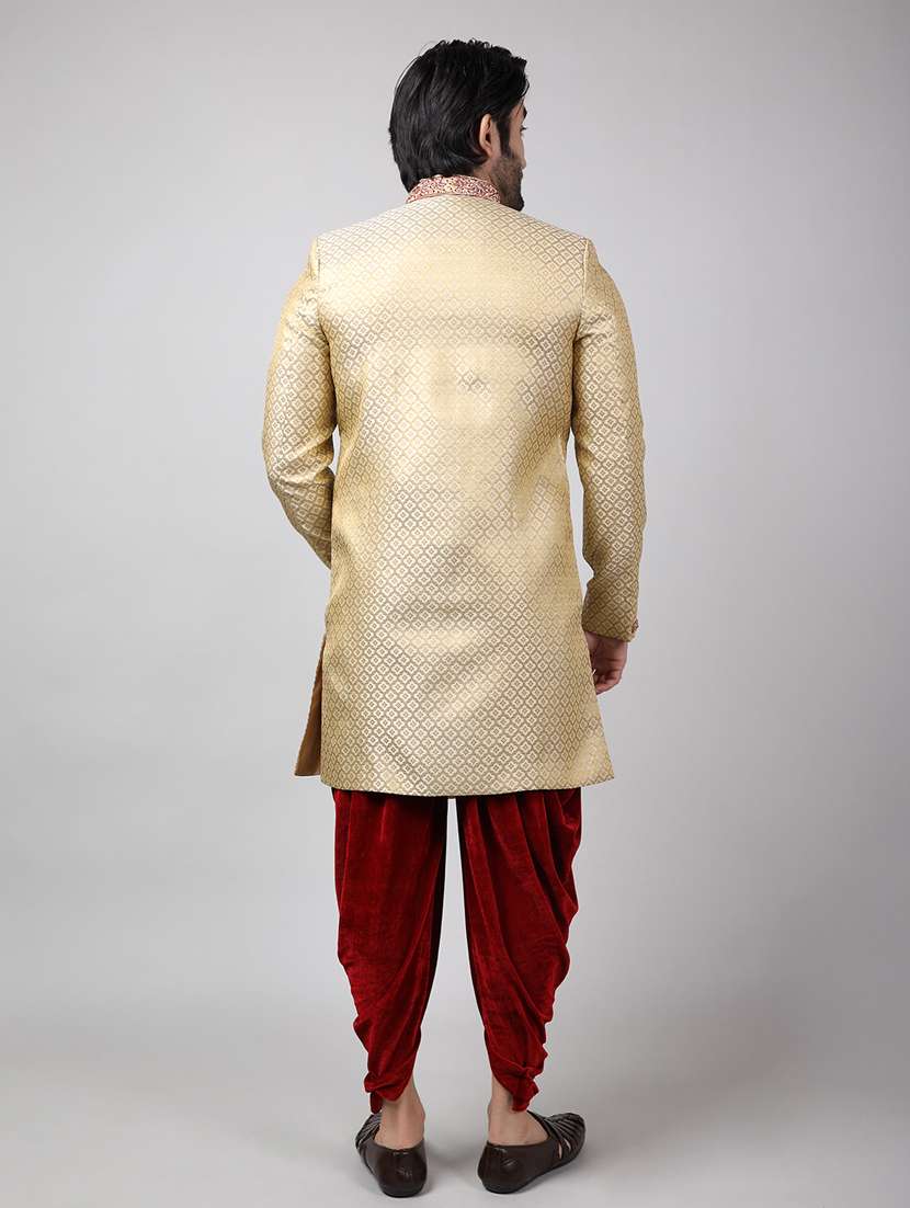 golden silk brocade sherwani ethnic wear set - 18473021 - Standard Image - 3