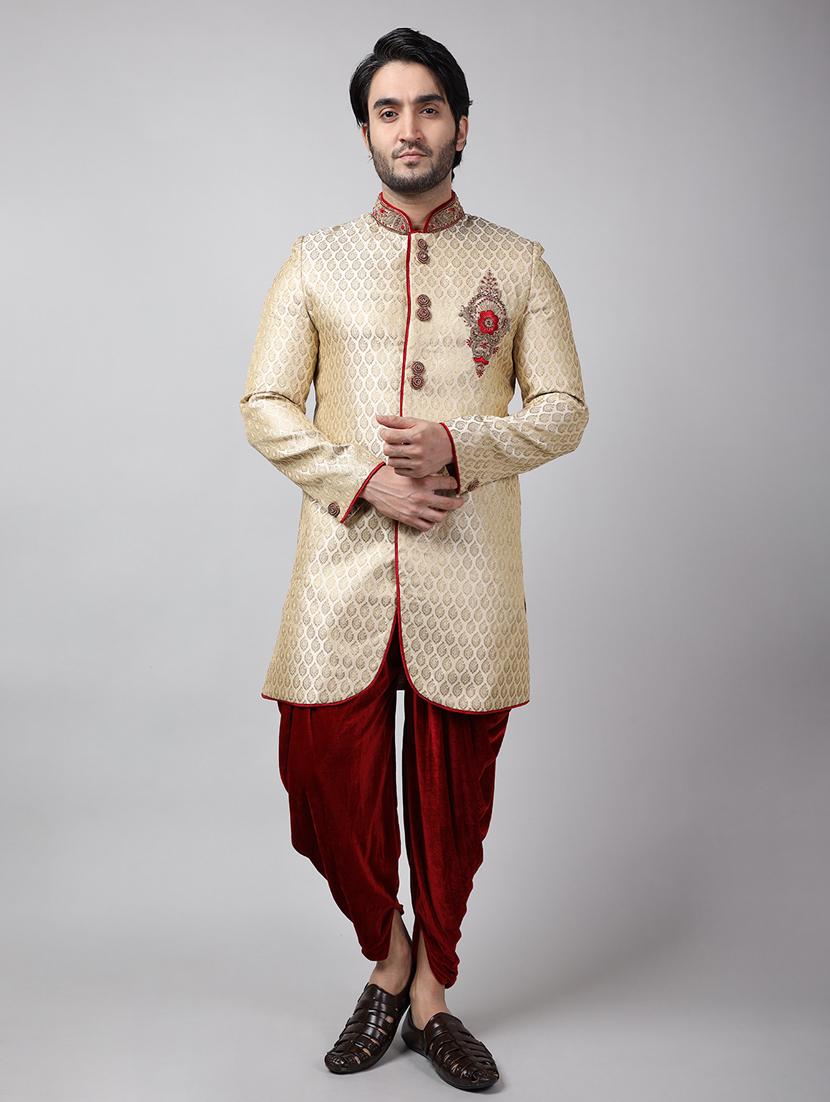golden silk brocade sherwani ethnic wear set - 18473022 -  Zoom Image - 0