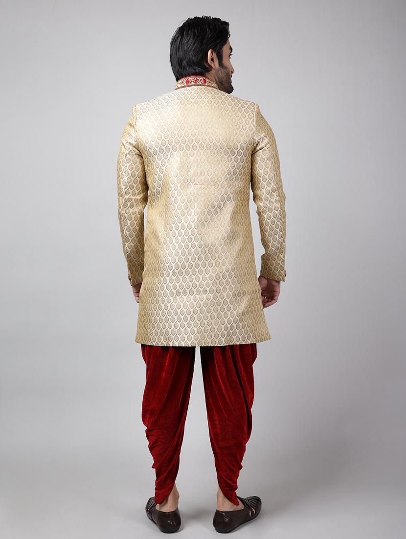 golden silk brocade sherwani ethnic wear set - 18473022 - Standard Image - 3