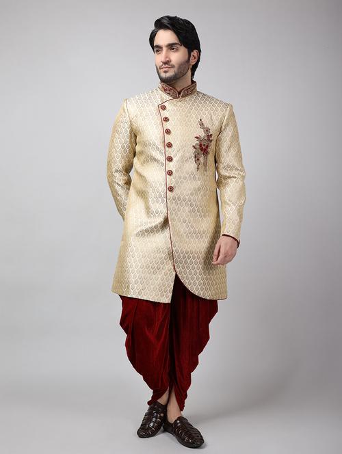 golden silk brocade sherwani ethnic wear set - 18473024 -  Standard Image - 0