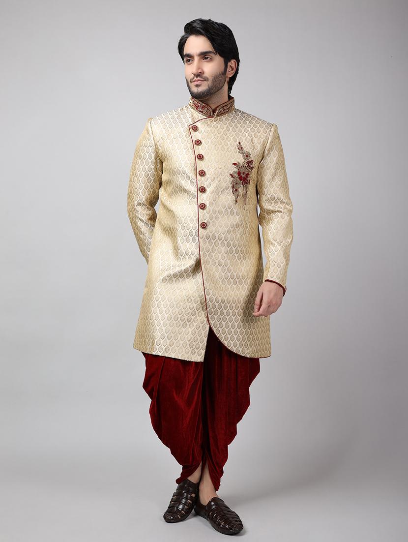 golden silk brocade sherwani ethnic wear set
