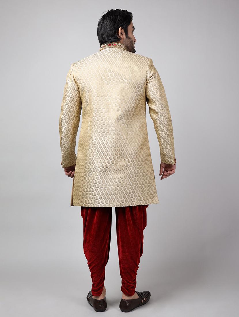 golden silk brocade sherwani ethnic wear set - 18473024 - Standard Image - 3