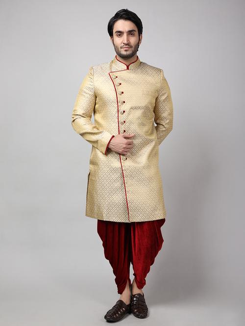golden silk brocade sherwani ethnic wear set - 18473025 -  Standard Image - 0