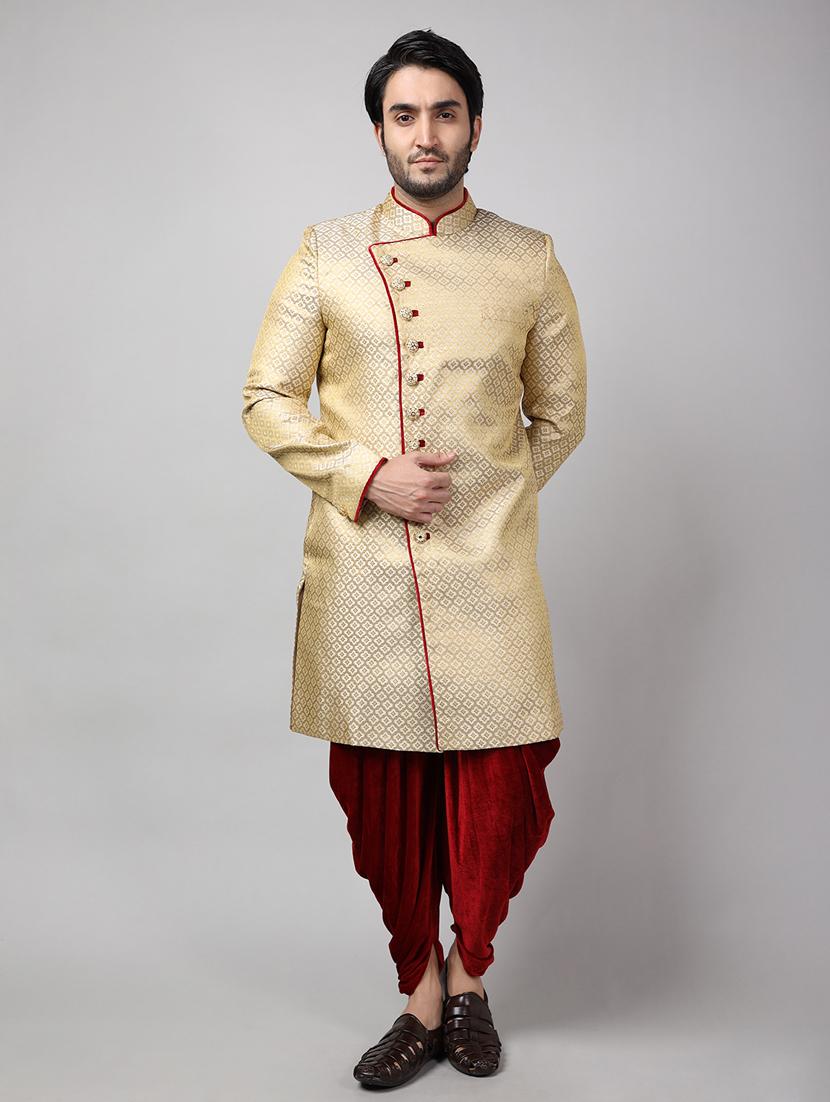 golden silk brocade sherwani ethnic wear set - 18473025 -  Zoom Image - 0