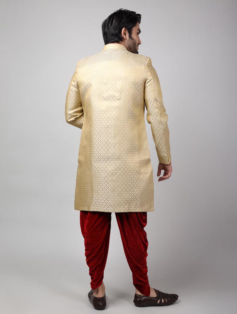 golden silk brocade sherwani ethnic wear set - 18473025 - Standard Image - 3