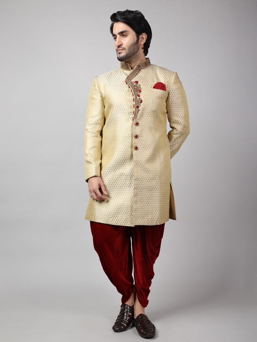 golden silk brocade sherwani ethnic wear set - 18473028 -  Zoom Image - 0