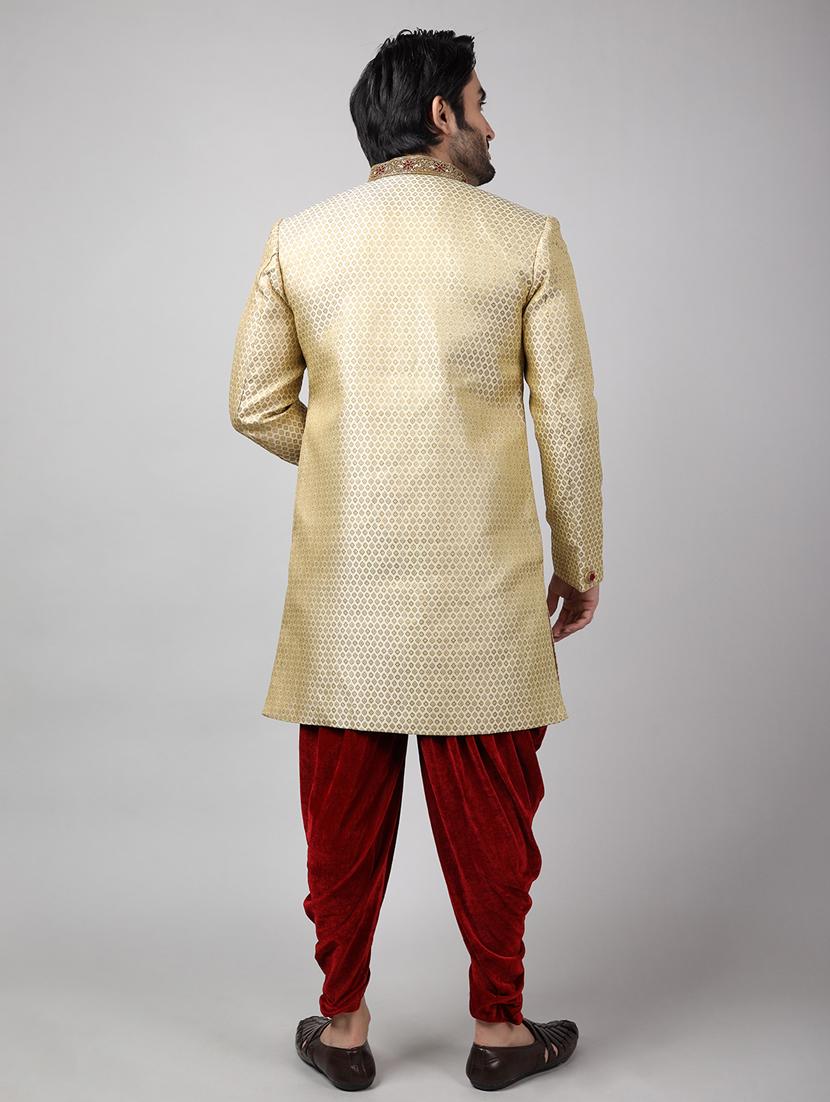 golden silk brocade sherwani ethnic wear set - 18473028 - Standard Image - 3