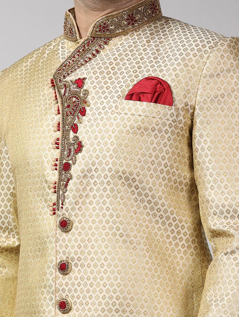 golden silk brocade sherwani ethnic wear set - 18473028 - Standard Image - 5