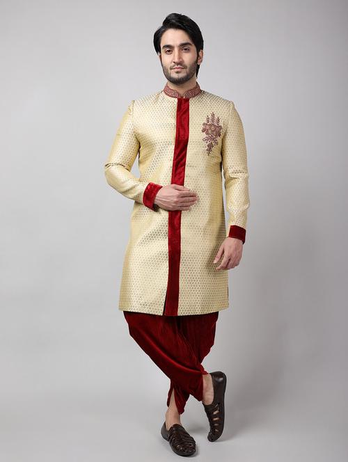 golden silk brocade sherwani ethnic wear set - 18473029 -  Standard Image - 0