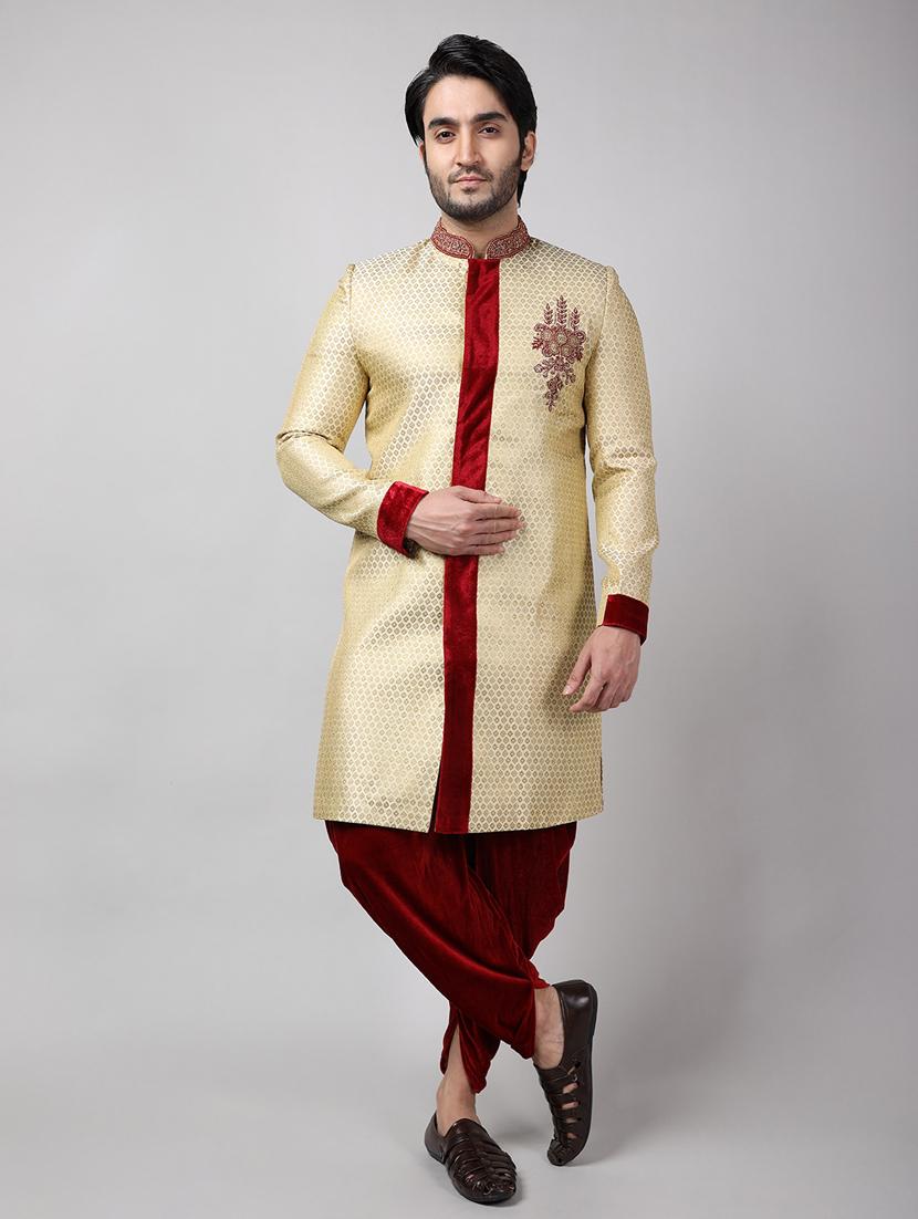 golden silk brocade sherwani ethnic wear set - 18473029 -  Zoom Image - 0