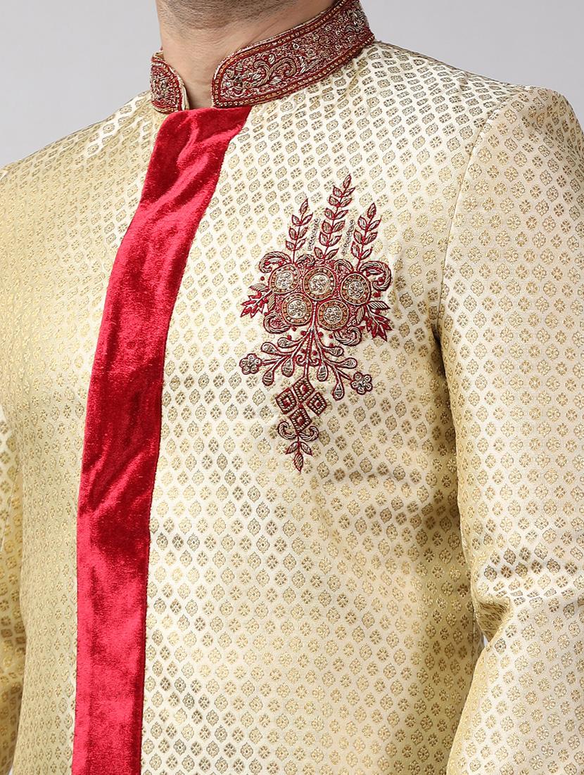 golden silk brocade sherwani ethnic wear set - 18473029 - Standard Image - 5