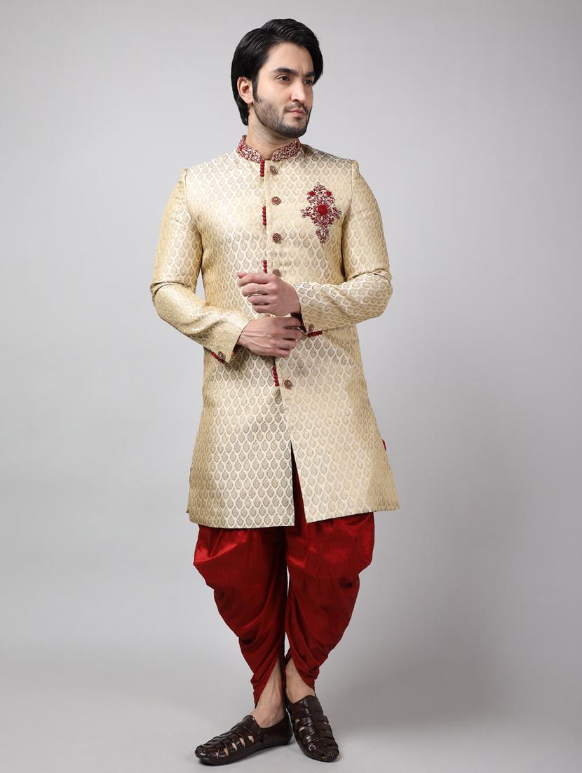 golden silk brocade sherwani ethnic wear set - 18473031 -  Zoom Image - 0
