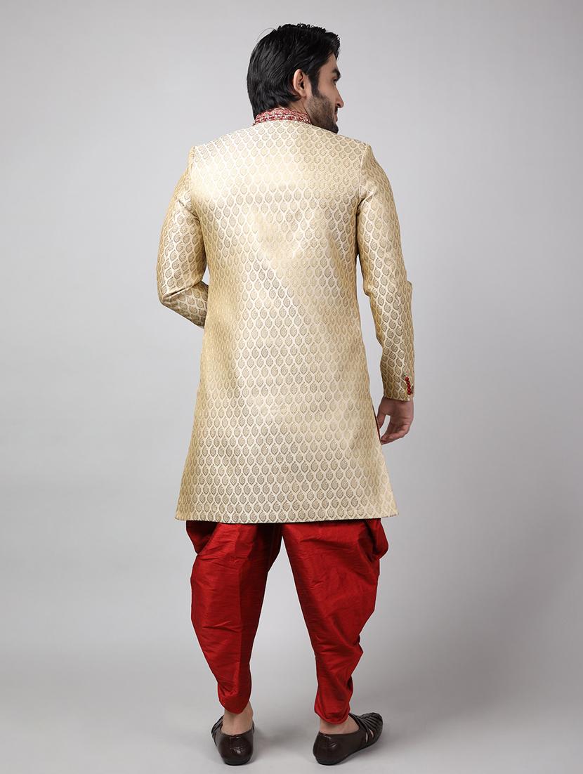 golden silk brocade sherwani ethnic wear set - 18473031 - Standard Image - 3
