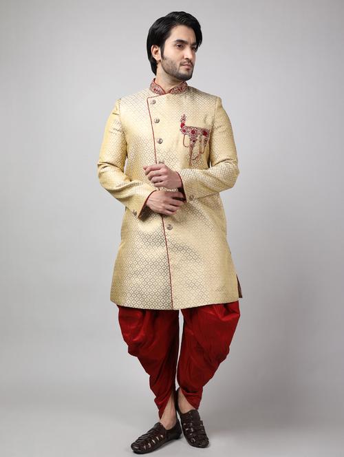 golden silk brocade sherwani ethnic wear set - 18473032 -  Standard Image - 0