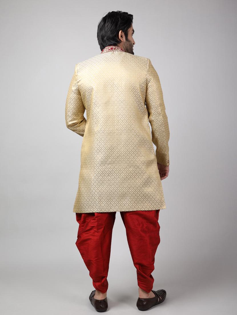 golden silk brocade sherwani ethnic wear set - 18473032 - Standard Image - 3