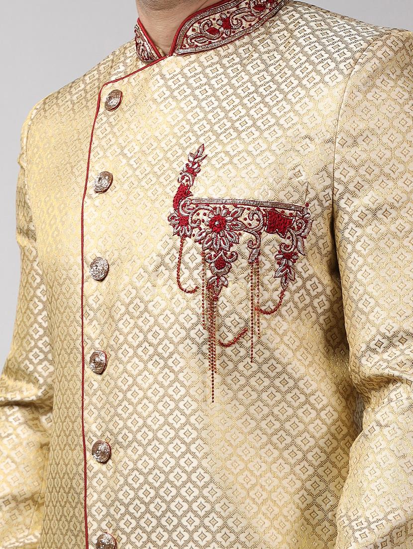 golden silk brocade sherwani ethnic wear set - 18473032 - Standard Image - 5