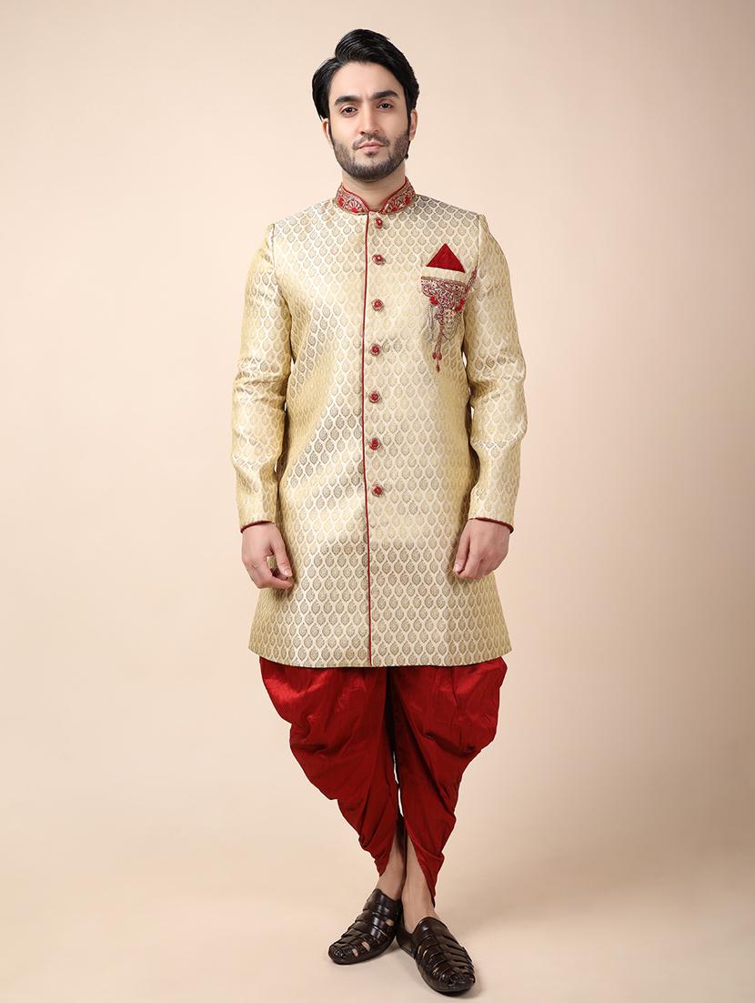 golden silk brocade sherwani ethnic wear set - 18473035 -  Zoom Image - 0