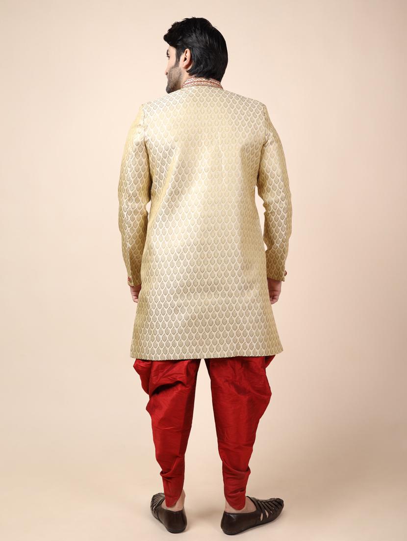 golden silk brocade sherwani ethnic wear set - 18473035 - Standard Image - 3