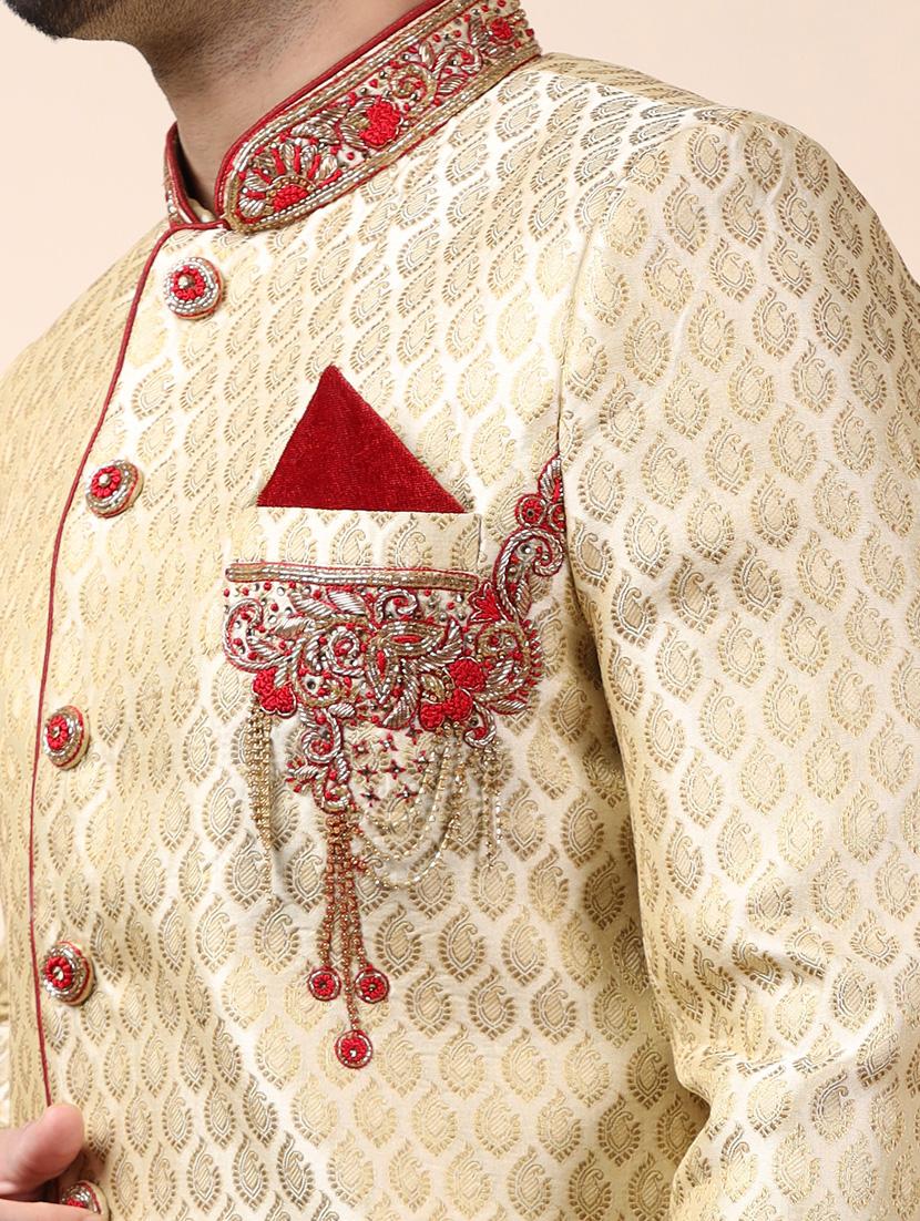golden silk brocade sherwani ethnic wear set - 18473035 - Standard Image - 5