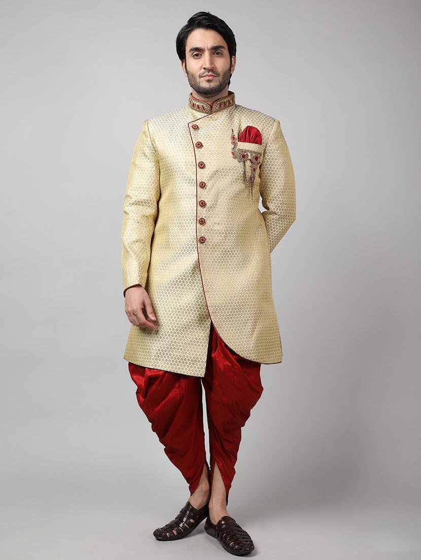 golden silk brocade sherwani ethnic wear set