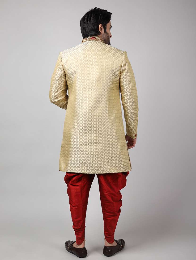 golden silk brocade sherwani ethnic wear set - 18473037 -  Standard Image - 3