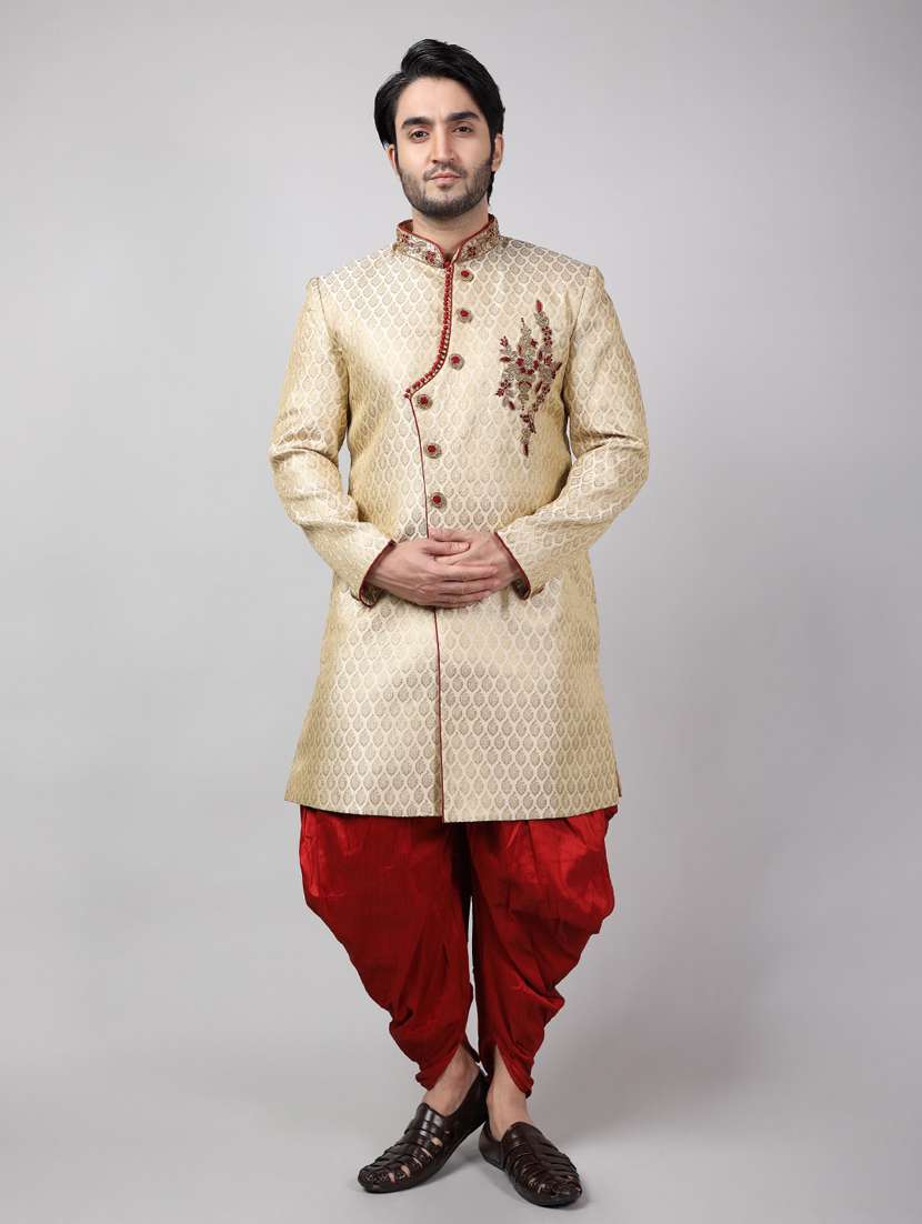 golden silk brocade sherwani ethnic wear set - 18473039 - Zoom Image - 0