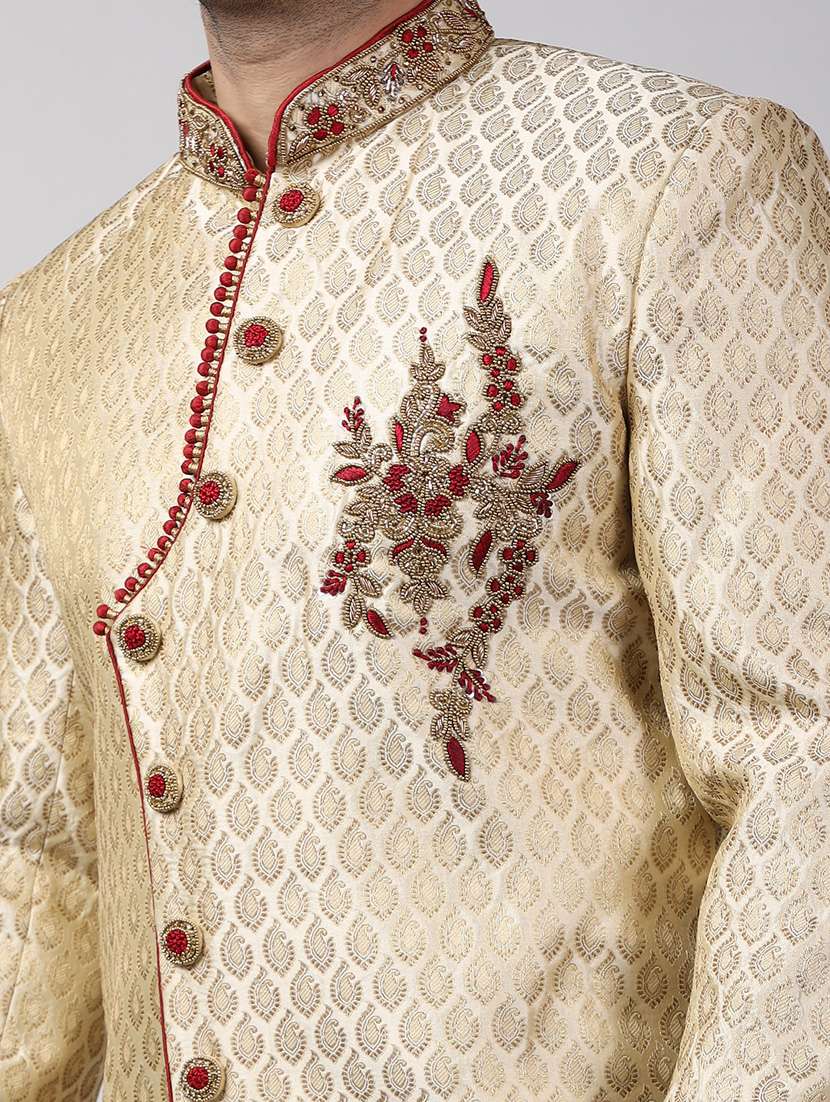 golden silk brocade sherwani ethnic wear set - 18473039 - Standard Image - 5