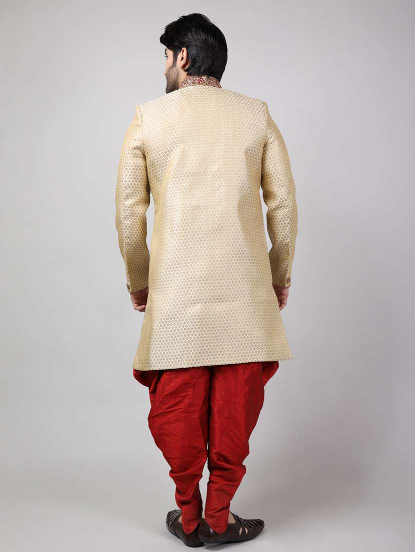 golden silk brocade sherwani ethnic wear set - 18473040 -  Standard Image - 3
