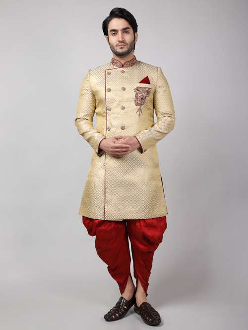 golden silk brocade sherwani ethnic wear set - 18473041 -  Standard Image - 0