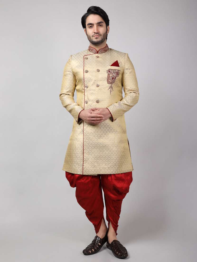 golden silk brocade sherwani ethnic wear set - 18473041 -  Zoom Image - 0