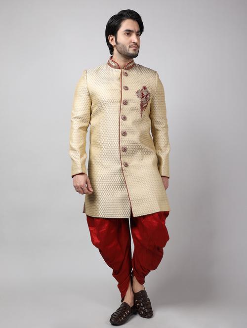 golden silk brocade sherwani ethnic wear set - 18473043 -  Standard Image - 0