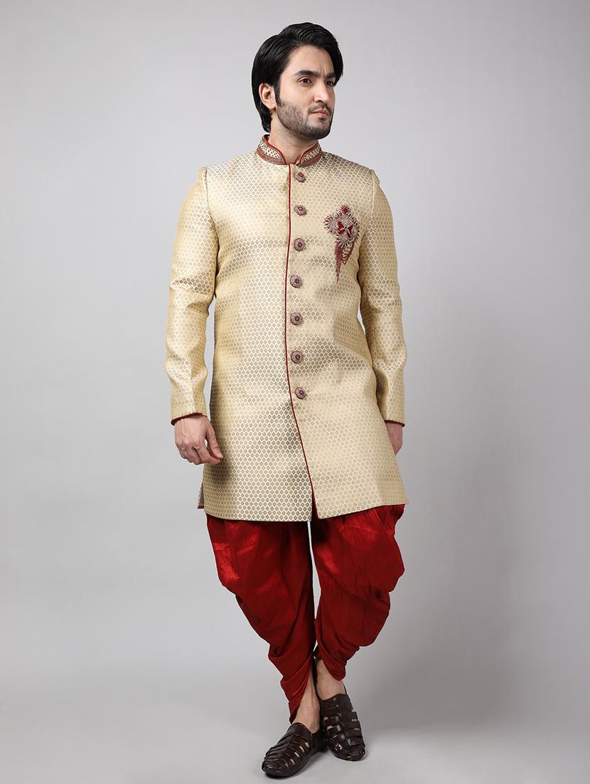 golden silk brocade sherwani ethnic wear set - 18473043 -  Zoom Image - 0