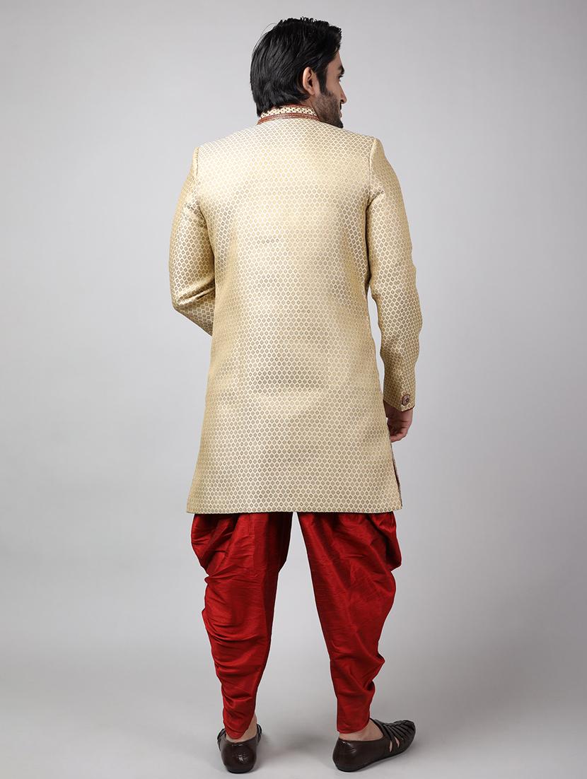 golden silk brocade sherwani ethnic wear set - 18473043 - Standard Image - 3