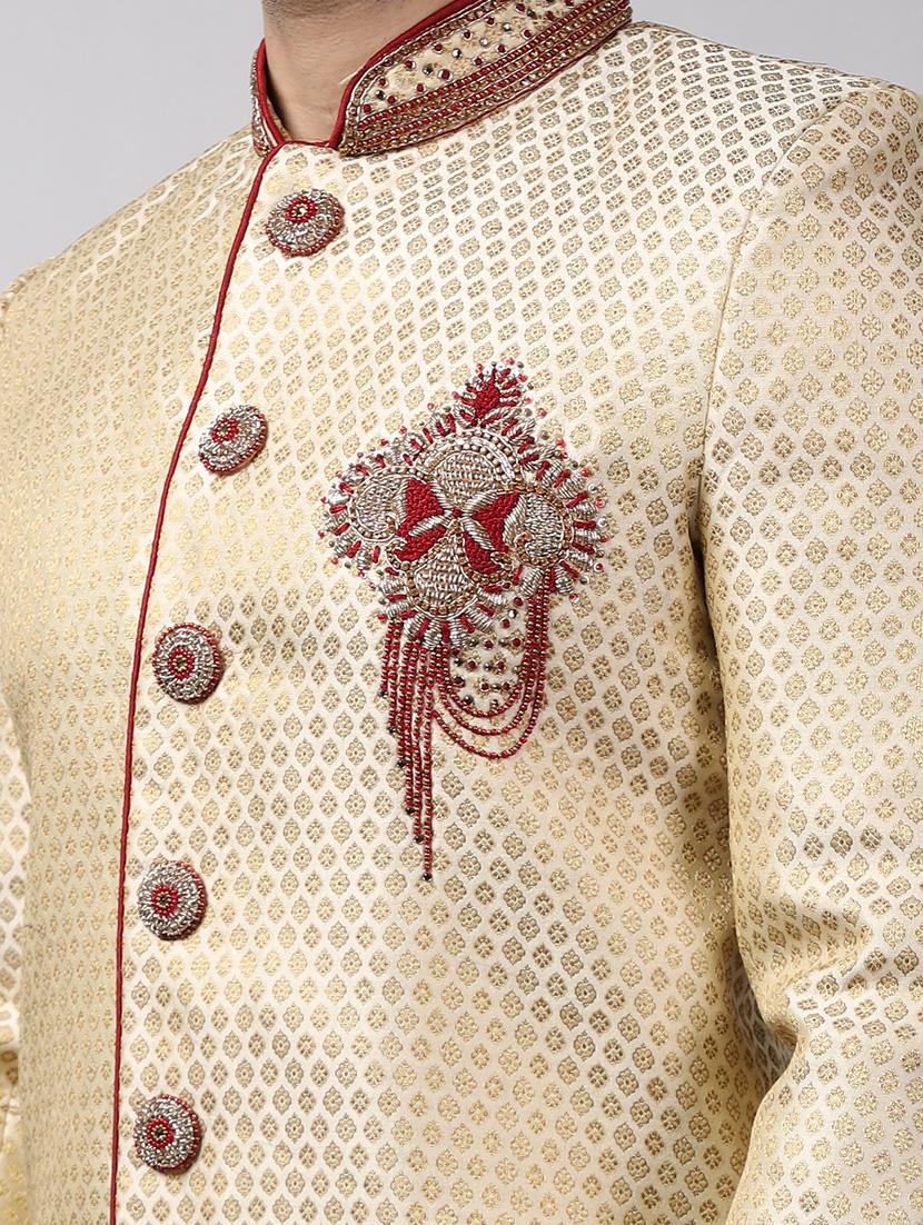 golden silk brocade sherwani ethnic wear set - 18473043 - Standard Image - 5