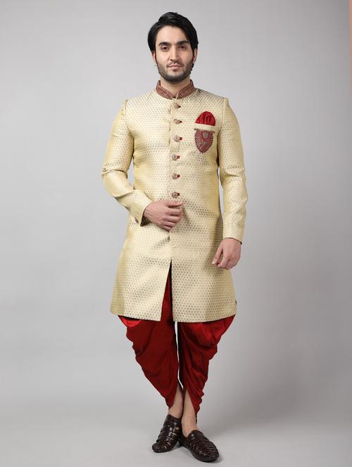 golden silk brocade sherwani ethnic wear set - 18473044 -  Standard Image - 0