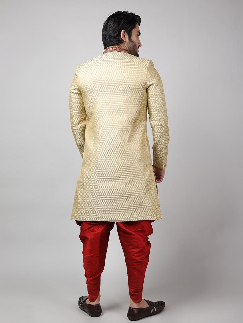 golden silk brocade sherwani ethnic wear set - 18473044 - Standard Image - 3