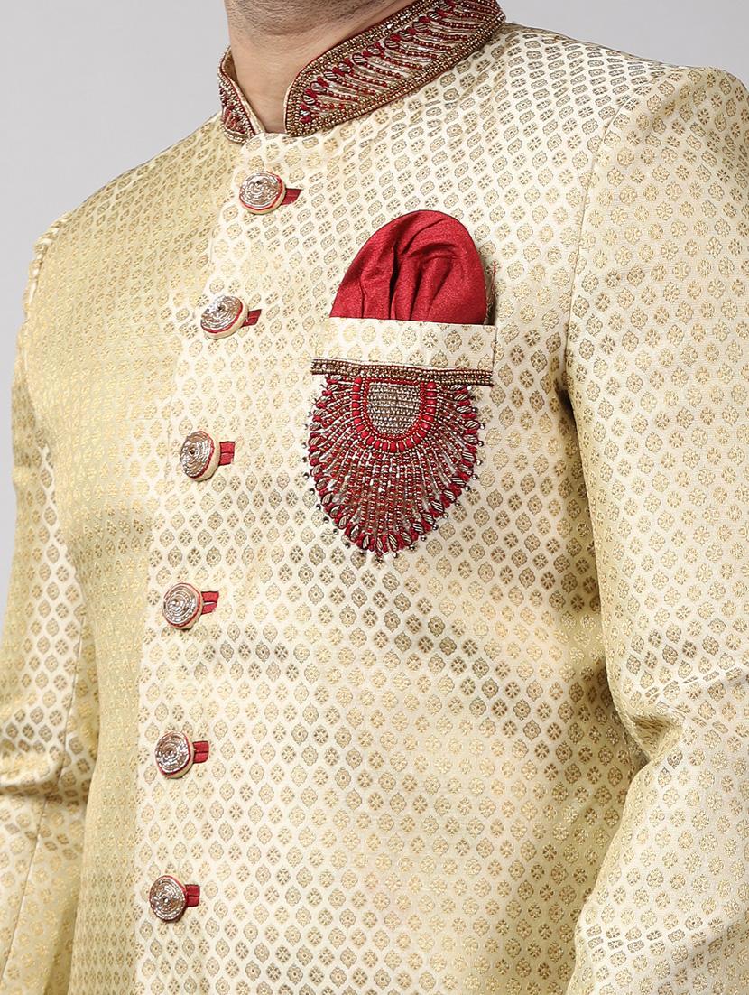 golden silk brocade sherwani ethnic wear set - 18473044 - Standard Image - 5