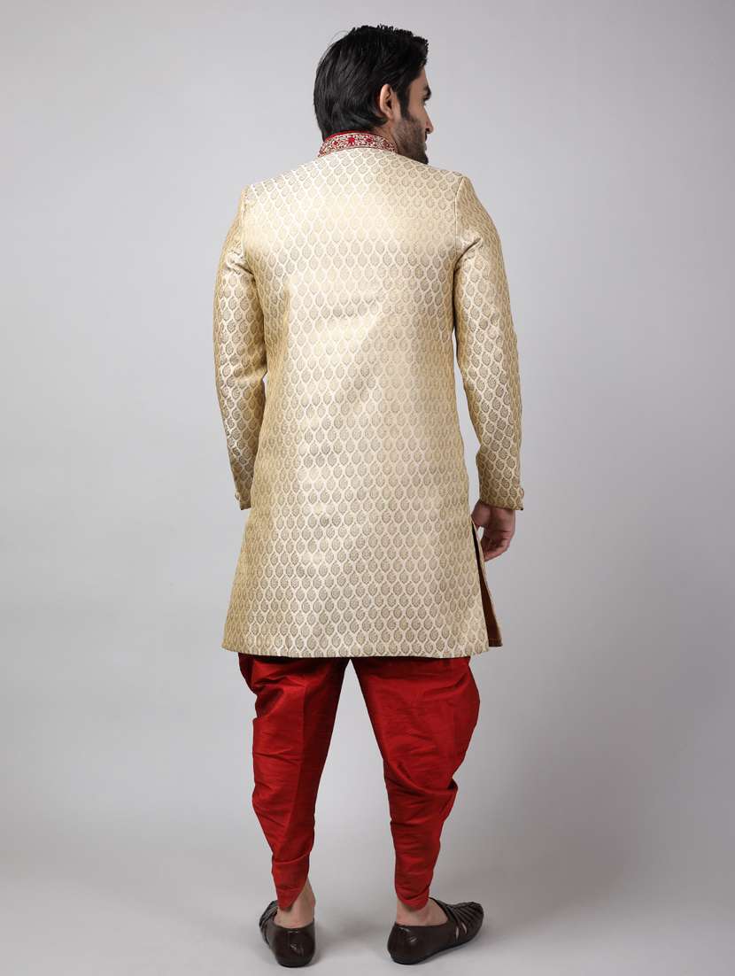 golden silk brocade sherwani ethnic wear set - 18473046 -  Standard Image - 3