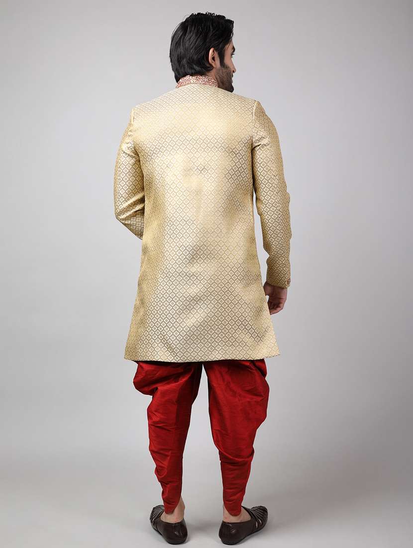 golden silk brocade sherwani ethnic wear set - 18473047 - Standard Image - 3