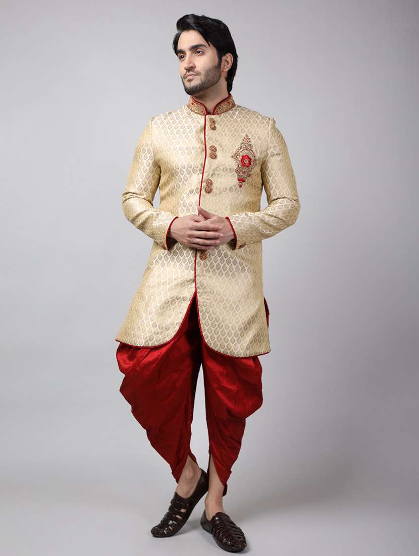golden silk brocade sherwani ethnic wear set