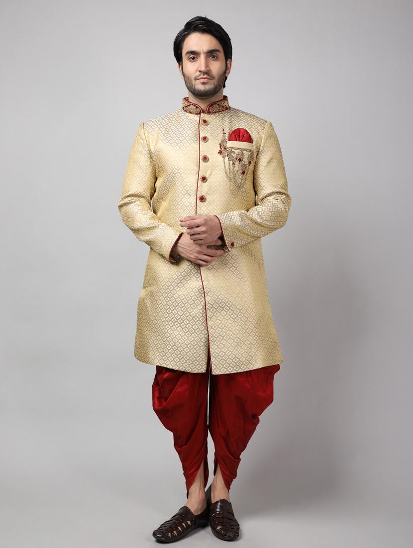golden silk brocade sherwani ethnic wear set - 18473049 - Zoom Image - 0