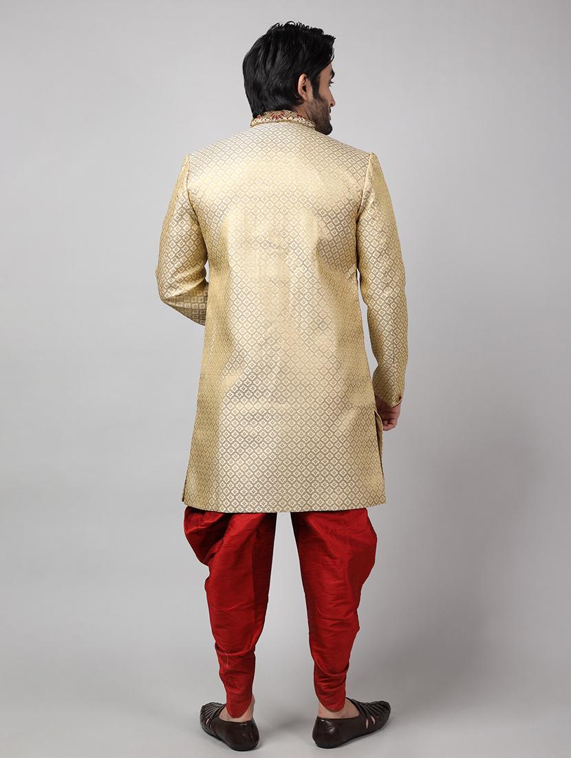 golden silk brocade sherwani ethnic wear set - 18473049 - Standard Image - 3