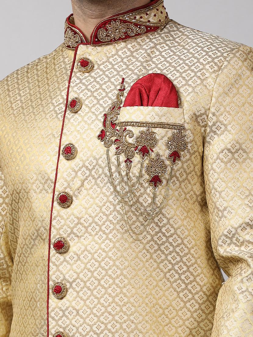 golden silk brocade sherwani ethnic wear set - 18473049 - Standard Image - 5