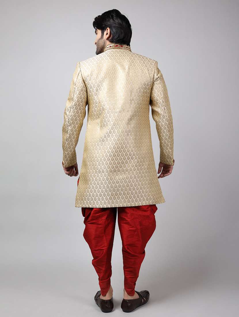 golden silk brocade sherwani ethnic wear set - 18473050 -  Standard Image - 3