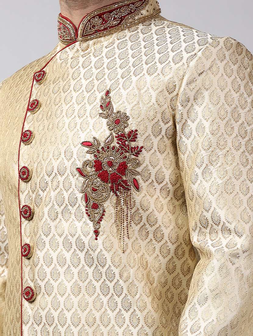 golden silk brocade sherwani ethnic wear set - 18473050 -  Standard Image - 5