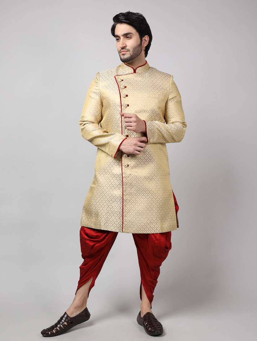 golden silk brocade sherwani ethnic wear set
