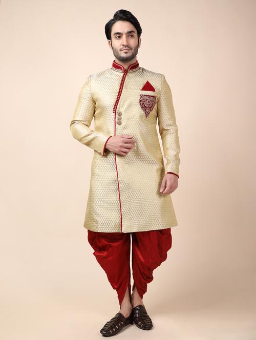 golden silk brocade sherwani ethnic wear set - 18473052 -  Standard Image - 0