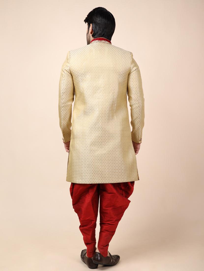 golden silk brocade sherwani ethnic wear set - 18473052 - Standard Image - 3