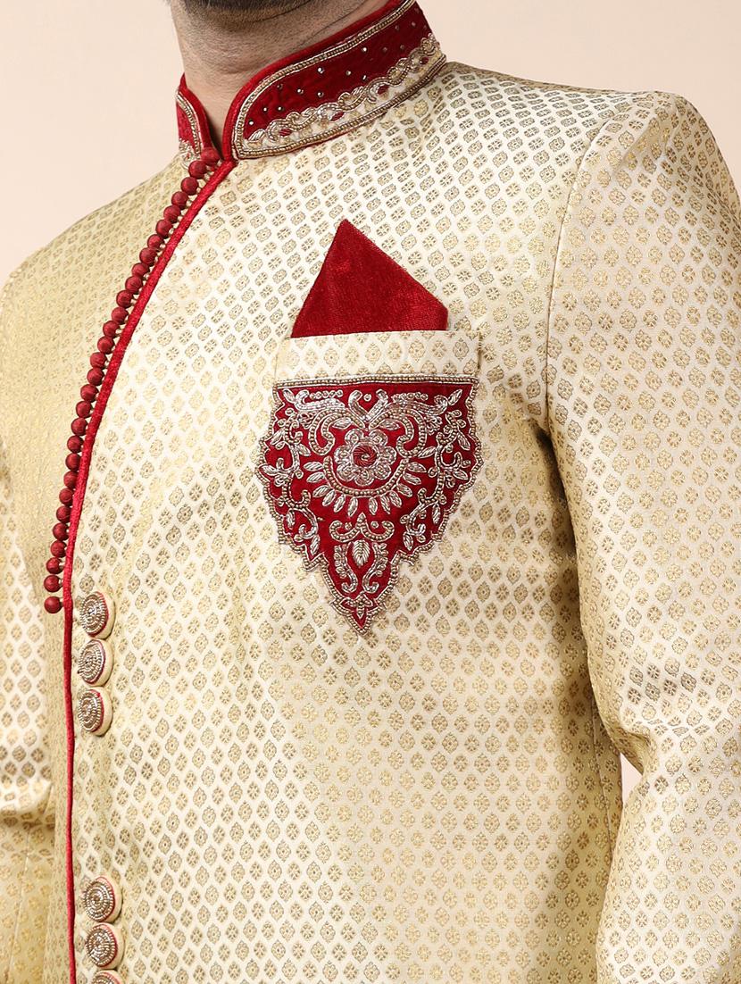 golden silk brocade sherwani ethnic wear set - 18473052 - Standard Image - 5