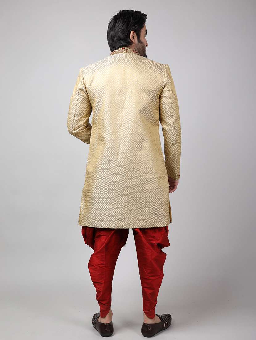 golden silk brocade sherwani ethnic wear set - 18473053 -  Standard Image - 3